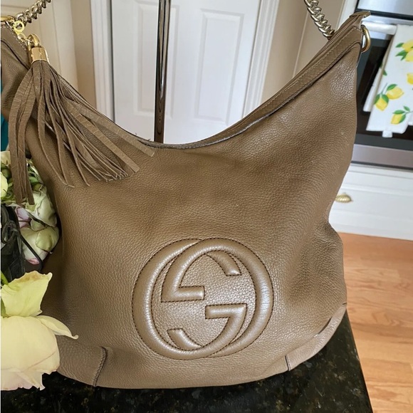 Gucci Soho Chain Hobo Leather Medium Taupe Light Brown Pebbled Leather P - Picture 3 of 12